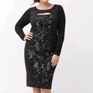 Lane Bryant Geometric Black Sequin Keyhole Neck Long Sleeve Bodycon Dress 20W